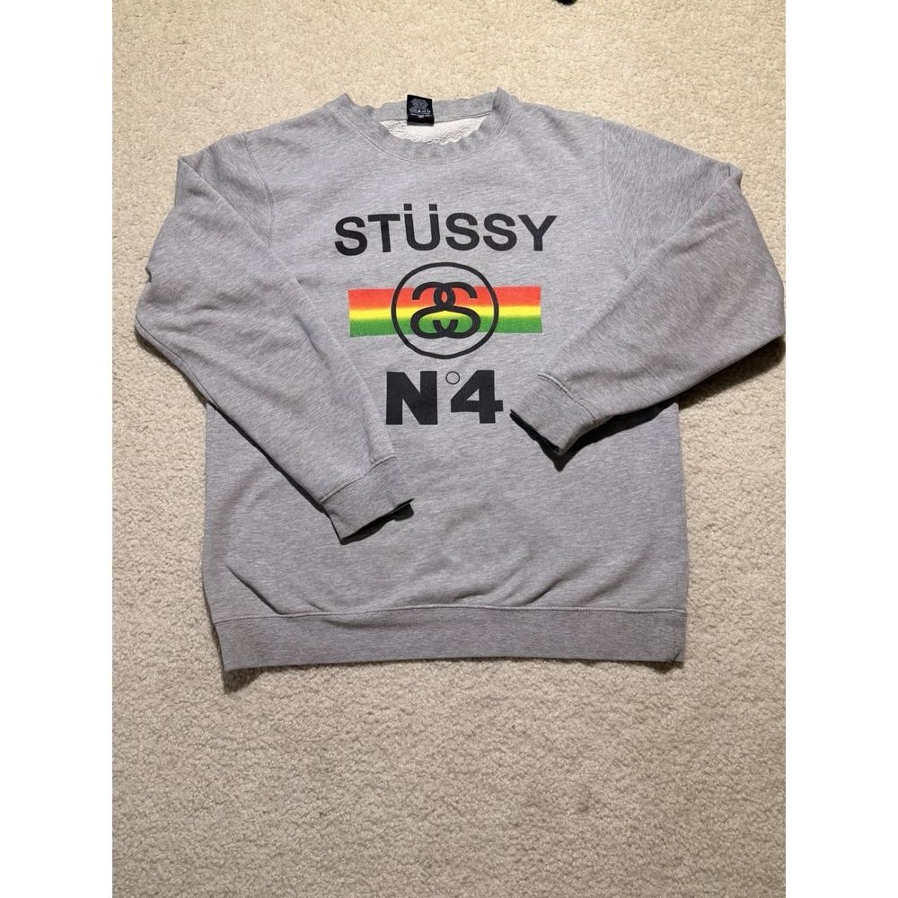 Stussy‎ No. 4 Crewneck Sweatshirt Gray Rasta Logo Made In USA Men's Large 24x28